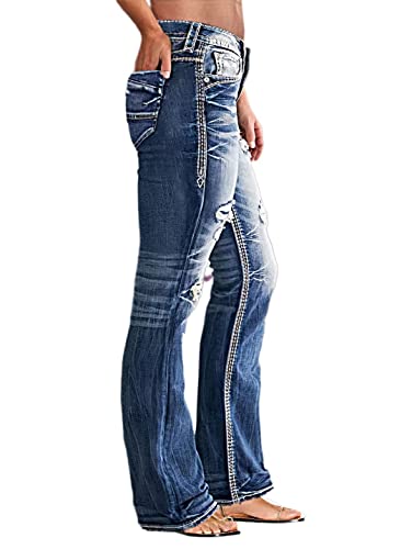 Flamingals Distressed Jeans for Women Mid Waist Ripped Flare Jeans Denim Pants 2023 Trendy Mid Blue L