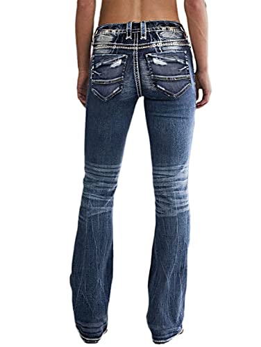 Flamingals Distressed Jeans for Women Mid Waist Ripped Flare Jeans Denim Pants 2023 Trendy Mid Blue L