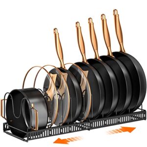 mudeela pots and pans organizer : rack for under cabinet, expandable pot lid organizer holder with 10 adjustable compartment, kitchen cabinet organizer for cutting board, cast-iron pan, heavy cookware