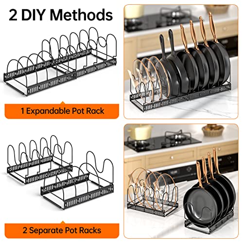 MUDEELA Pots and Pans Organizer : Rack for under Cabinet, Expandable Pot Lid Organizer Holder with 10 Adjustable Compartment, Kitchen Cabinet Organizer for Cutting Board, Cast-iron Pan, Heavy Cookware