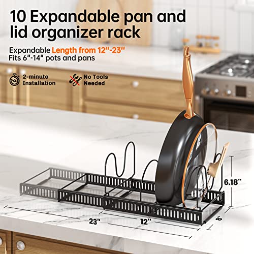MUDEELA Pots and Pans Organizer : Rack for under Cabinet, Expandable Pot Lid Organizer Holder with 10 Adjustable Compartment, Kitchen Cabinet Organizer for Cutting Board, Cast-iron Pan, Heavy Cookware