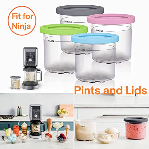 Akmazousa Pints Containers with Lids Ice Cream Pint Containers Replacement for Ninja Creami Pints and Lids 4 Color Lids Ice Cream Storage Containers Bpa-Free & Dishwasher Safe (4 Pack-Pink/Grey/Blue/Green)