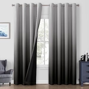 homeideas 100% black ombre blackout curtains for bedroom, room darkening curtains 52 x 84 inches long grommet gradient drapes, light blocking thermal insulated curtains for living room, 2 panels