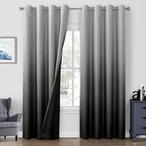 HOMEIDEAS 100% Black Ombre Blackout Curtains for Bedroom, Room Darkening Curtains 52 X 84 Inches Long Grommet Gradient Drapes, Light Blocking Thermal Insulated Curtains for Living Room, 2 Panels