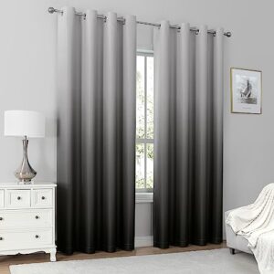 HOMEIDEAS 100% Black Ombre Blackout Curtains for Bedroom, Room Darkening Curtains 52 X 84 Inches Long Grommet Gradient Drapes, Light Blocking Thermal Insulated Curtains for Living Room, 2 Panels