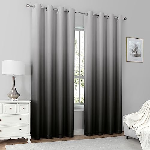 HOMEIDEAS 100% Black Ombre Blackout Curtains for Bedroom, Room Darkening Curtains 52 X 84 Inches Long Grommet Gradient Drapes, Light Blocking Thermal Insulated Curtains for Living Room, 2 Panels