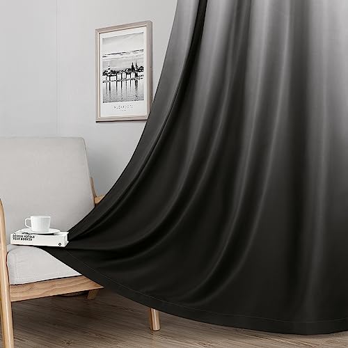 HOMEIDEAS 100% Black Ombre Blackout Curtains for Bedroom, Room Darkening Curtains 52 X 84 Inches Long Grommet Gradient Drapes, Light Blocking Thermal Insulated Curtains for Living Room, 2 Panels