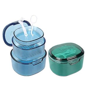 zoeynex 2 pack denture bath case, retainer case(blue & green) - includes brush and aligner remover tool,complete clean care for dentures, partial dentures, retainers & mouth guard