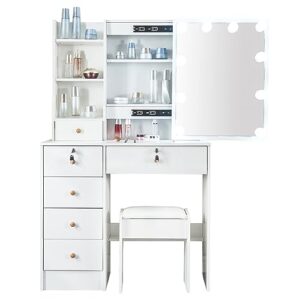 kkonetoy makeup vanity desk with lighted mirror, dressing table with soft cushioned stool, large vanity set with 5 drawers and 6 compartments, white
