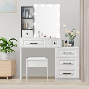 kkonetoy modern makeup vanity desk with lights and table set, white vanity table set with drawers & cushioned stool for bedroom, dresser dressing table for girls
