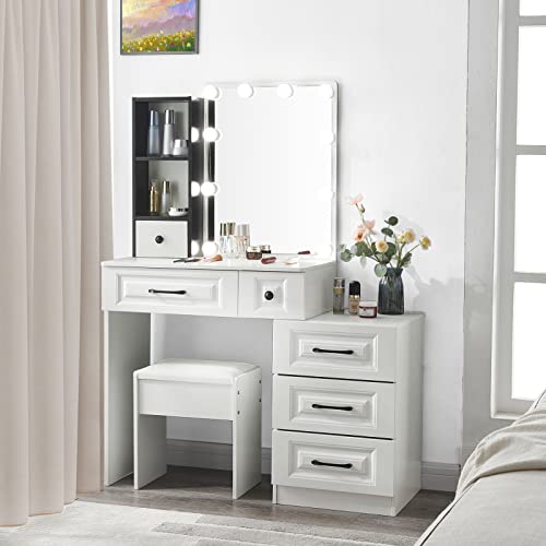 Kkonetoy Modern Makeup Vanity Desk with Lights and Table Set, White Vanity Table Set with Drawers & Cushioned Stool for Bedroom, Dresser Dressing Table for Girls