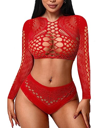 Avidlove Sexy Lingerie Fishnet Lingerie Sets Two Piece Lingerie Sexy Lingerie Panty and Bra Sets Fishnet Outfit A-red