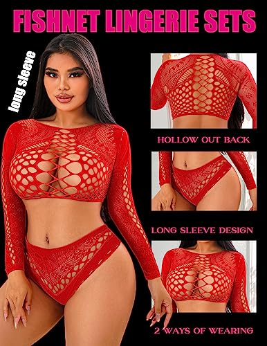 Avidlove Sexy Lingerie Fishnet Lingerie Sets Two Piece Lingerie Sexy Lingerie Panty and Bra Sets Fishnet Outfit A-red