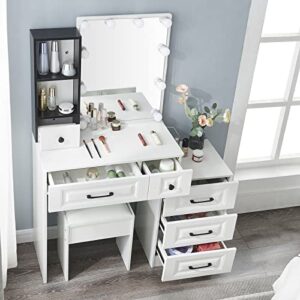 abesthink makeup vanitv table with drawers,white vanity with mirror and light set,vanity desk with drawers and lights,modern vanity table desk with shelves and stool for bedroom