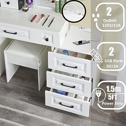 JBLCC Makeup Vanity with Lights Mirror, Makeup Table Set Vanity Mirror with Lights, Vanity Desk with Storage Shelves, Drawers, Modern Vanity Table for Bedroom (42550USB)