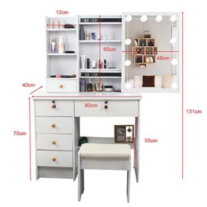 saicheng White Vanity Desk with Mirror and Lights, Makeup Vanity Set with Drawers and Stool, Vanity Table for Girls