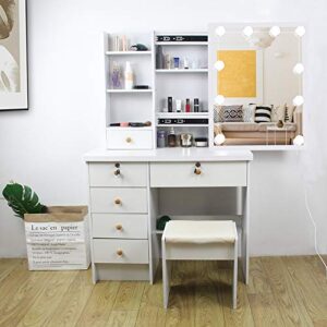 saicheng White Vanity Desk with Mirror and Lights, Makeup Vanity Set with Drawers and Stool, Vanity Table for Girls