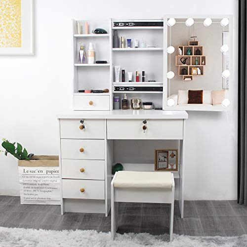 saicheng White Vanity Desk with Mirror and Lights, Makeup Vanity Set with Drawers and Stool, Vanity Table for Girls