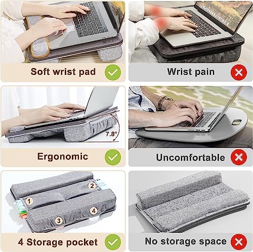 Lap Desk Laptop Bed Table: Fits up to 17 inch Laptops Portable Pad Computer Lapdesk - Large Holding BedDesks with Soft Pillow & Storage Bag - Office Wooden Writing Bed Table