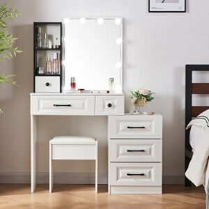 makeup vanity set with lights & mirror, large vanity table with storage drawers & stool, bedroom dresser desk dressing table for girls women (elegant)