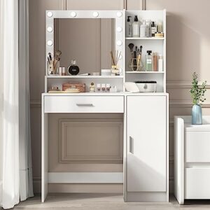 palimder vanity dresser with mirror & light, large drawer & three level storage dresser, 3 lighting modes adjustable brightness, bedroom dressing table (white)