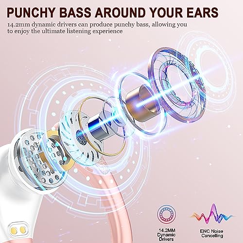 Wireless Bluetooth Earbud Sport, Bluetooth 5.3 Headphones with Noise Cancelling Mic, 90H HiFi Stereo Over Ear Earbud with LED Display and USB-C, IP7 Waterproof Earphones, Button Control, Rose Gold