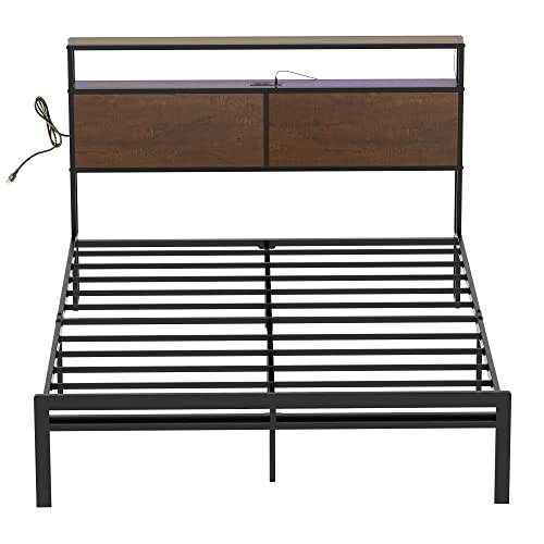 HAUSOURCE Queen Bed Frame with Storage Headboard LED Lights Metal Platform Non-Slip Without Noise Mattress Foundation Strong Metal Slats Support No Box Spring Needed