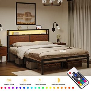 HAUSOURCE Queen Bed Frame with Storage Headboard LED Lights Metal Platform Non-Slip Without Noise Mattress Foundation Strong Metal Slats Support No Box Spring Needed