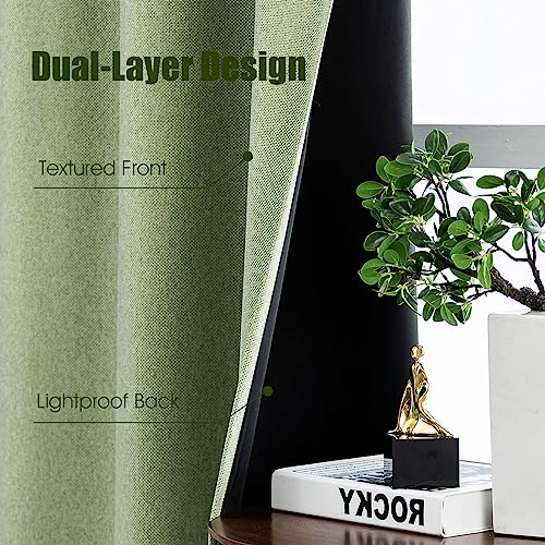 Anjee 100% Full Blackout Curtains for Bedroom 84 Inches Long 2 Panels Set, Textured Linen Living Room Darkening Curtain Light Blocking Window Drapes with Thermal Insulated Liner,Green,52 X 84 Inch