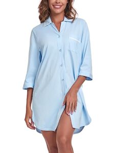 colorfulleaf 100% cotton nightgowns for women 3/4 sleeve sleep shirt button down soft sleepwear night dress s-xxl (light blue,m)