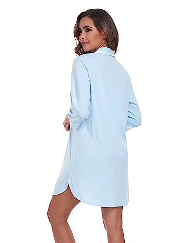 COLORFULLEAF 100% Cotton Nightgowns for Women 3/4 Sleeve Sleep Shirt Button Down Soft Sleepwear Night Dress S-XXL (Light Blue,M)