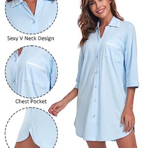 COLORFULLEAF 100% Cotton Nightgowns for Women 3/4 Sleeve Sleep Shirt Button Down Soft Sleepwear Night Dress S-XXL (Light Blue,M)