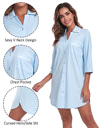 COLORFULLEAF 100% Cotton Nightgowns for Women 3/4 Sleeve Sleep Shirt Button Down Soft Sleepwear Night Dress S-XXL (Light Blue,M)