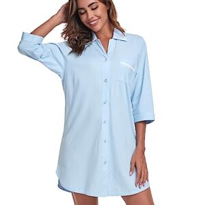 COLORFULLEAF 100% Cotton Nightgowns for Women 3/4 Sleeve Sleep Shirt Button Down Soft Sleepwear Night Dress S-XXL (Light Blue,M)