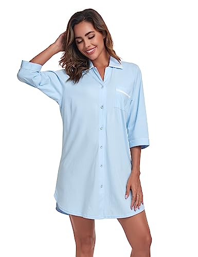 COLORFULLEAF 100% Cotton Nightgowns for Women 3/4 Sleeve Sleep Shirt Button Down Soft Sleepwear Night Dress S-XXL (Light Blue,M)