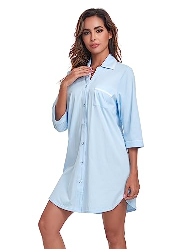 COLORFULLEAF 100% Cotton Nightgowns for Women 3/4 Sleeve Sleep Shirt Button Down Soft Sleepwear Night Dress S-XXL (Light Blue,M)