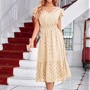 Womens Summer Dresses 2023 V Neck Ruffle Sleeve Polka Dot Dress A-Line Flowy Split Tiered Party Wedding Guest Dress Beige Dress L