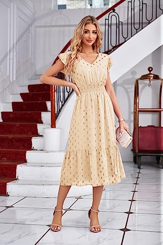 Womens Summer Dresses 2023 V Neck Ruffle Sleeve Polka Dot Dress A-Line Flowy Split Tiered Party Wedding Guest Dress Beige Dress L