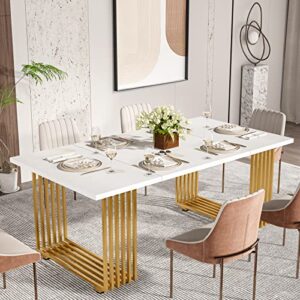 tribesigns modern dining table for 6-8 people, 70.8 inches long white dining room table for kitchen, wood kitchen table with gold metal legs, rectangular dinner table for dining room, family gathering