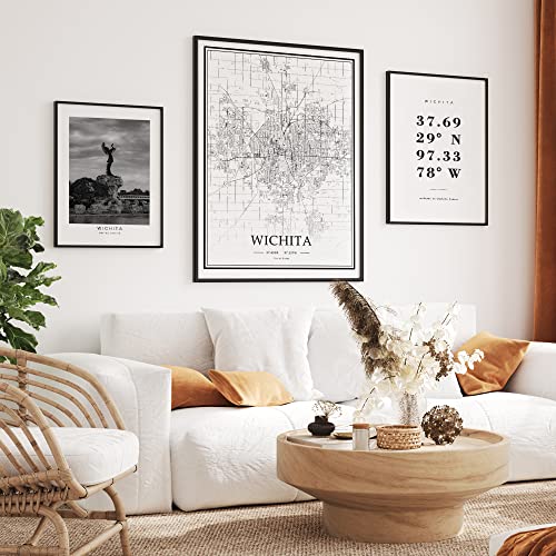 Dear Mapper Wichita United States View Abstract Road Modern Map Art Minimalist Painting Black and White Canvas Line Art Print Poster Art Line Paintings Home Decor (Set of 3 Unframed) (12x16inch)