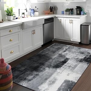 Lahome Modern Washable Living Room Area Rug - 3x5 Throw Soft Small Rugs for Bedroom Non-Slip Stain Resistant Entryway Rug Kitchen Rugs Grey Abstract Print Capet for Office Laundry Room Dining Room