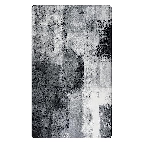 Lahome Modern Washable Living Room Area Rug - 3x5 Throw Soft Small Rugs for Bedroom Non-Slip Stain Resistant Entryway Rug Kitchen Rugs Grey Abstract Print Capet for Office Laundry Room Dining Room