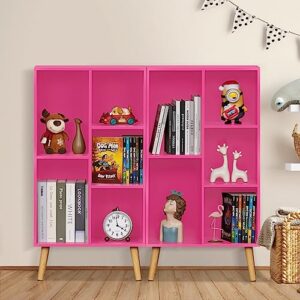 LEYAOYAO 5 Cube Bookshelf, 3-Tier Bookcase with Legs, Pink Kids Book Shelf Cute Storage Organizer, Free Standing Open Toy Shelves Modern Bookshelves,Wood Display Bookcases for Bedroom,Living Room