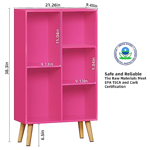 LEYAOYAO 5 Cube Bookshelf, 3-Tier Bookcase with Legs, Pink Kids Book Shelf Cute Storage Organizer, Free Standing Open Toy Shelves Modern Bookshelves,Wood Display Bookcases for Bedroom,Living Room