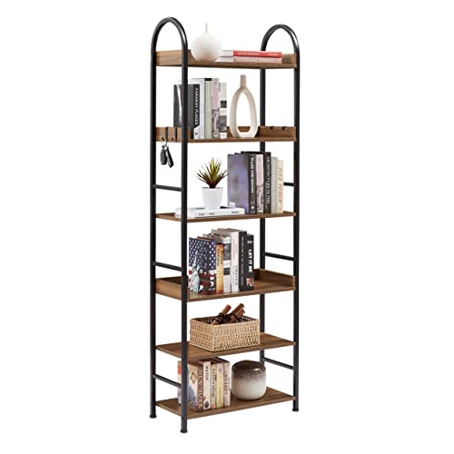 Washsemba 70.8 inch Tall Arched Bookshelf, 6-Tier Open Shelves Arched Bookcase with Adjustable Foot Pads,Industrial Style Storage Rack for Home Office(Black) (6 Tier,Brown)