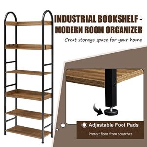 Washsemba 70.8 inch Tall Arched Bookshelf, 6-Tier Open Shelves Arched Bookcase with Adjustable Foot Pads,Industrial Style Storage Rack for Home Office(Black) (6 Tier,Brown)