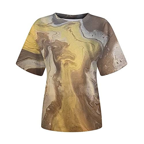Tuianres Summer T Shirts for Women Graphic Comfy Round Neck Short Sleeve Basic Blouse Cute Gradient Marble Print Top Shirt