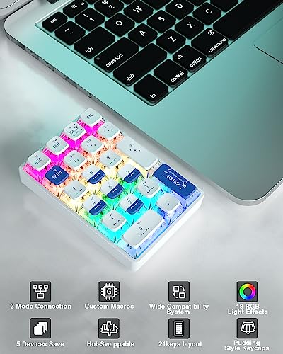SOLAKAKA K21 RGB Backlit Tri-Mode Wireless Mechanical Number Pad Supports 3 Bluetooth/2.4GHz/Type C Wired,Hot Swappable 21 Keys Mechanical Numpad with Pudding Style PBT Keycaps