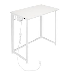 ergodesign folding computer desk with power outlets for small spaces, no-assembly space-saving home office desk, foldable computer table (white)