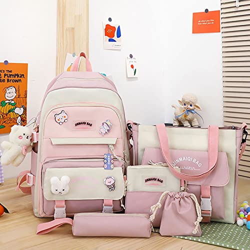 YGYCF Kawaii Backpack 5Pcs Set for Student with Cute Bear Accessories - School Bags for Teen Girls Back to School Supplies Essentials Aesthetic Bookbag, B Pink